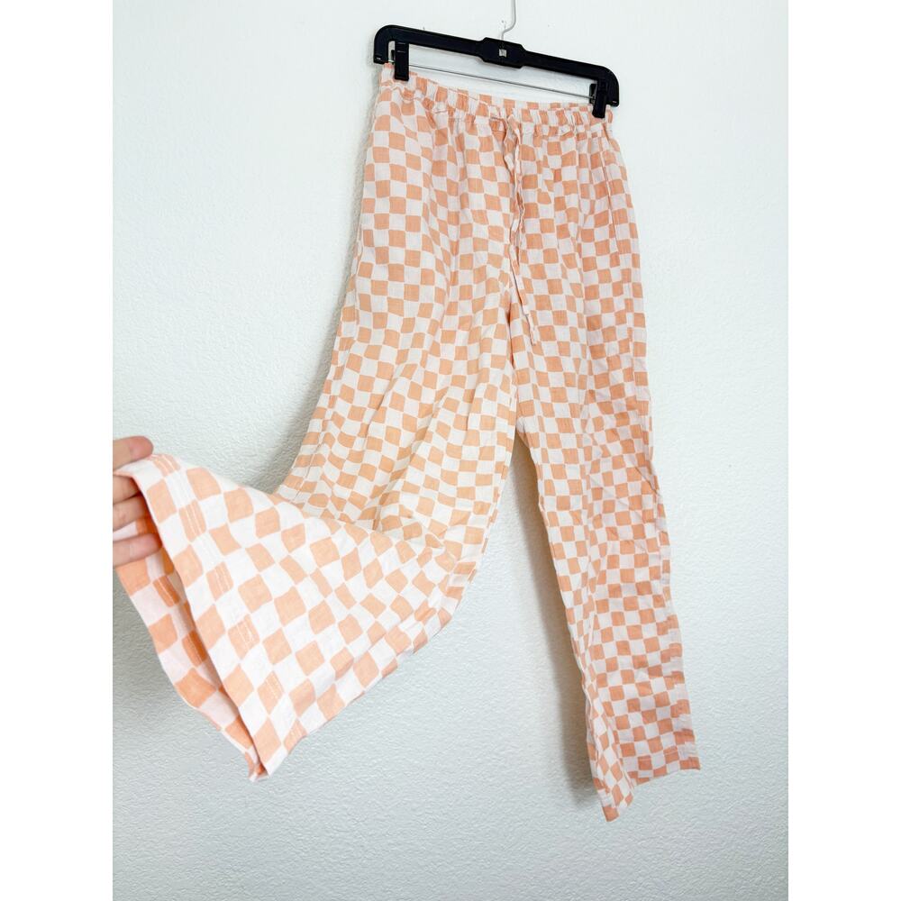 Holiday Emma Mulholland Orange Checkered Linen Pants Size Small Wide Leg - Picture 9 of 13